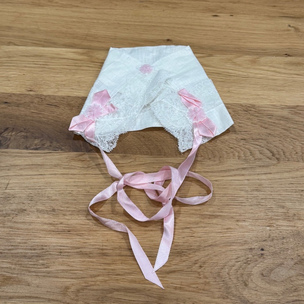 Vintage Handmade White Lace Baby Bonnet Pink Satin Bows Christening Infant